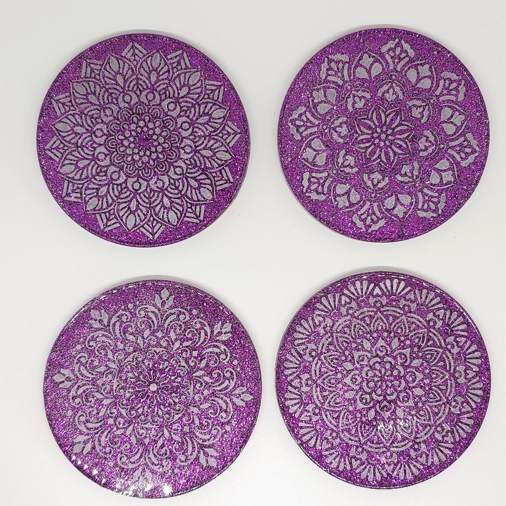 Mandala Coasters Set Purple Glitter